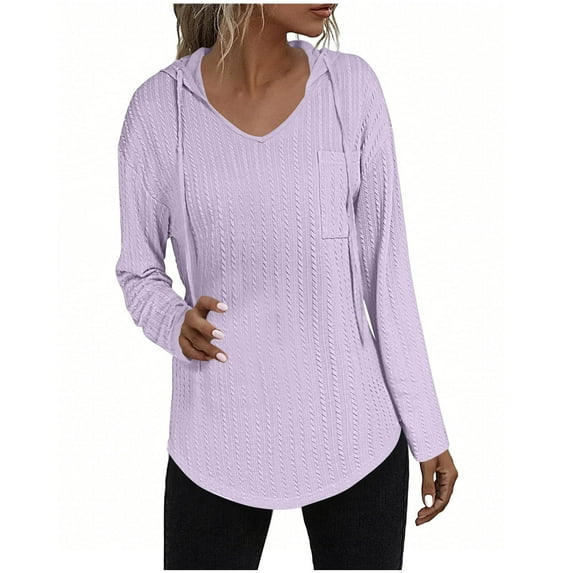 Womens Long Sleeve Shirts, Hoodies for Women Fall Loose Fit Solid Color Knitted Drawstring Hooded V Neck Pullover Sweaters with Pockets S-2XL