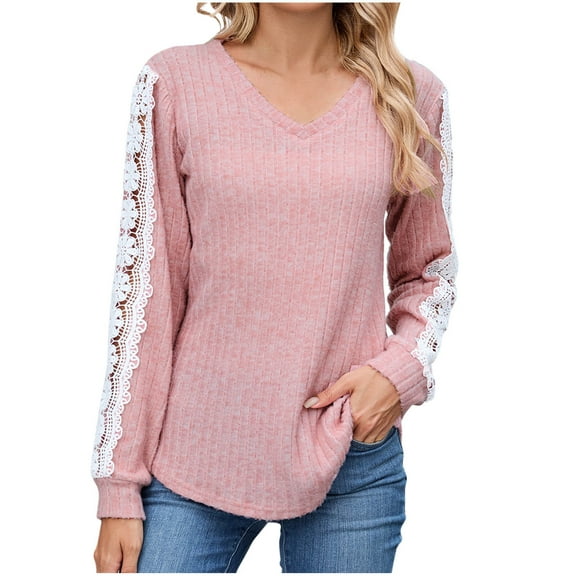 Womens Long Sleeve Shirts Lace Patchwork V-Neck Knitted Pullover Sweater Casual Regular Fit Textured Blouses Tops