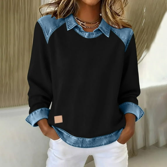 Womens Long Sleeve Shirts Lapel Collar Denim Sweatshirts Fashion Color Block Patchwork Tops Casual Loose Sweatshirt Pullover Top Fall Outfits