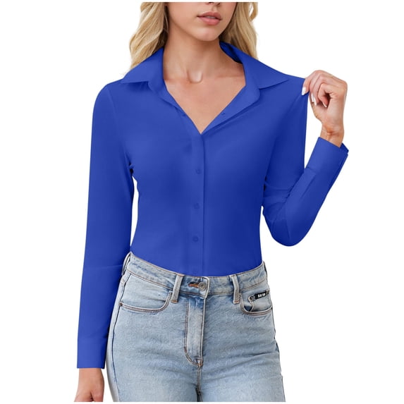 Womens Long Sleeve Shirts Lapel Collared Button Down Tops Casual Loose Stretch Solid Color T-Shirt for Business Work Spring