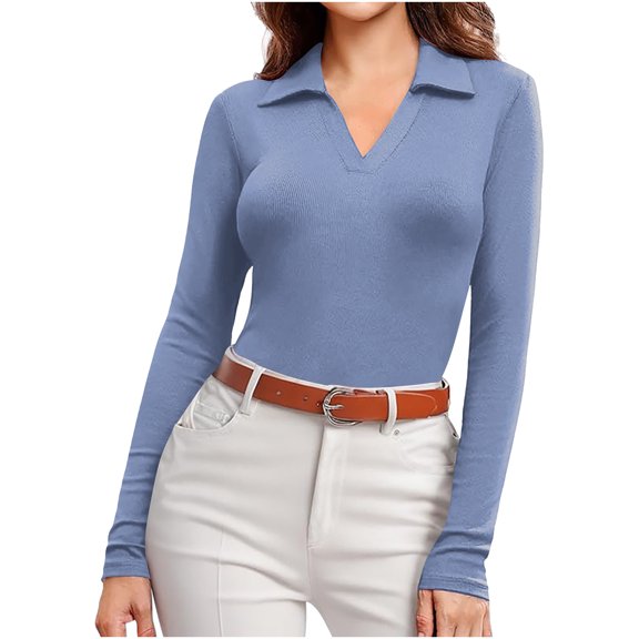 Womens Long Sleeve Shirts Lapel Collared Pullover V Neck Slim Fitted Sweatshirt Ribbed Knit Blouse Trendy Tight Polo Tops Work Dressy 2025 Fall Clothing