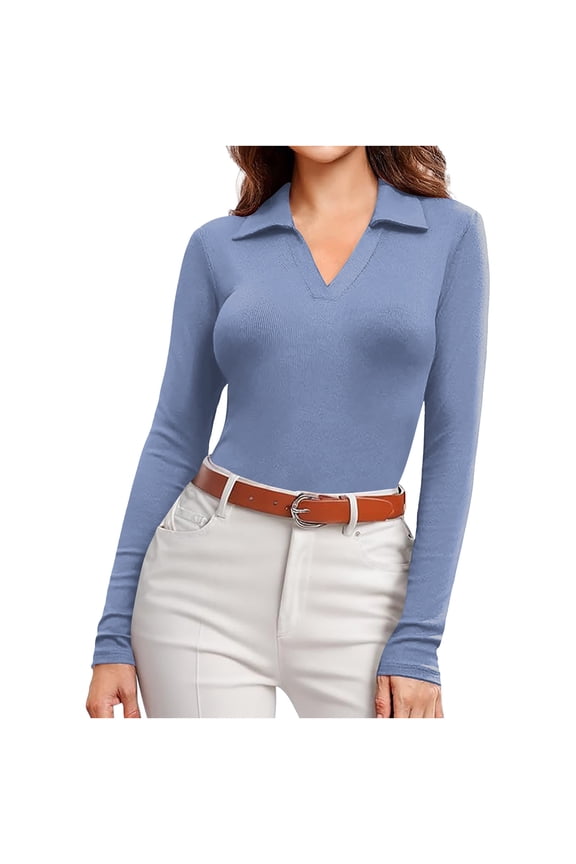 Womens Long Sleeve Shirts Lapel Collared Pullover V Neck Slim Fitted Sweatshirt Ribbed Knit Blouse Trendy Tight Polo Tops Work Dressy 2025 Fall Clothing