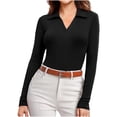 thumbnail image 1 of Womens Long Sleeve Shirts Lapel Collared Pullover V Neck Slim Fitted Sweatshirt Ribbed Knit Blouse Trendy Tight Polo Tops Work Dressy 2025 Fall Clothing, 1 of 5
