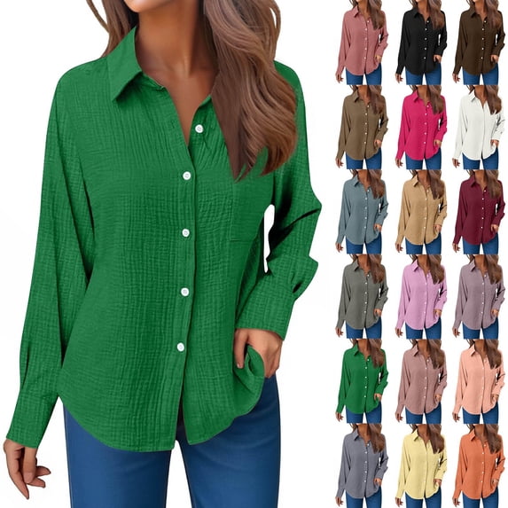 Womens Long Sleeve Shirts Lapel Collared Solid Color Button Down Work Tops Business Casual Fashion Blouses