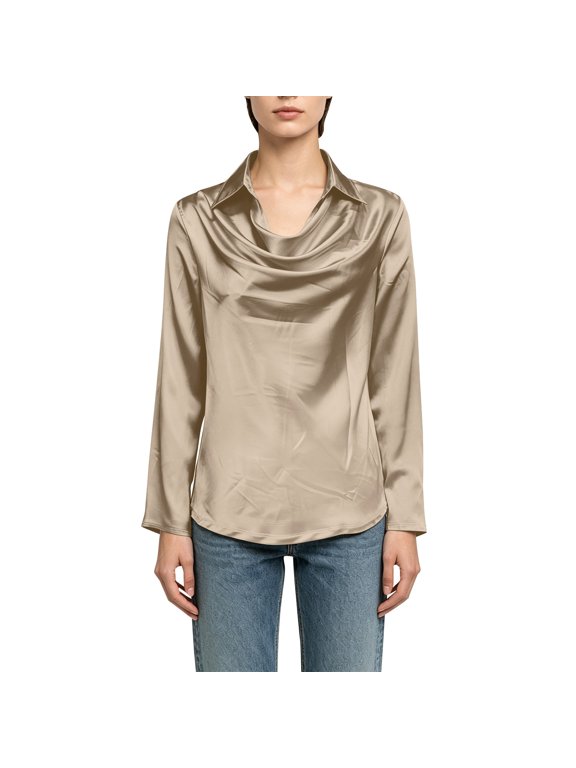 Womens Long Sleeve Shirts Lapel Cowl Neck Glossy Satin Elegant Work Long Sleeve Blouses Oversized Tshirts for Women