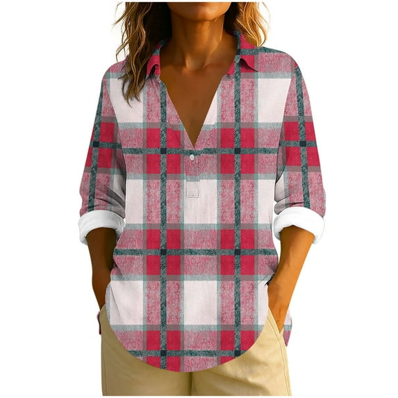 Womens Long Sleeve Shirts Lapel V Neck Tops Loose Fit Button Plaid Color Block Casual Fall Fashion Comfy Shirts S-3XL