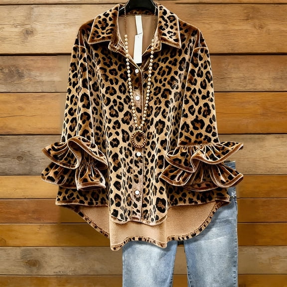 Womens Long Sleeve Shirts Leopard Print Button Down Casual Tops Business Work Collared Blouses
