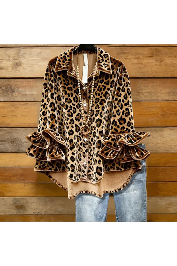 Womens Long Sleeve Shirts Leopard Print Button Down Casual Tops Business Work Collared Blouses