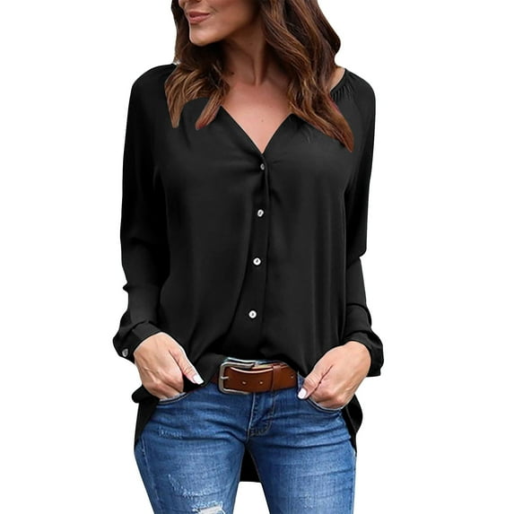 Womens Long Sleeve Shirts Linen Button down Notch V Neck Causal Plus Size Tops for Women Solid Color Shirt Blouse (XX-Large, Black)