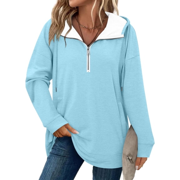 Womens Long Sleeve Shirts Loose Fitted New Ladies Fashion Solid Color Pocket Half Zip Hooded Drawstring Sweatshirt Style B-71 Light Blue S