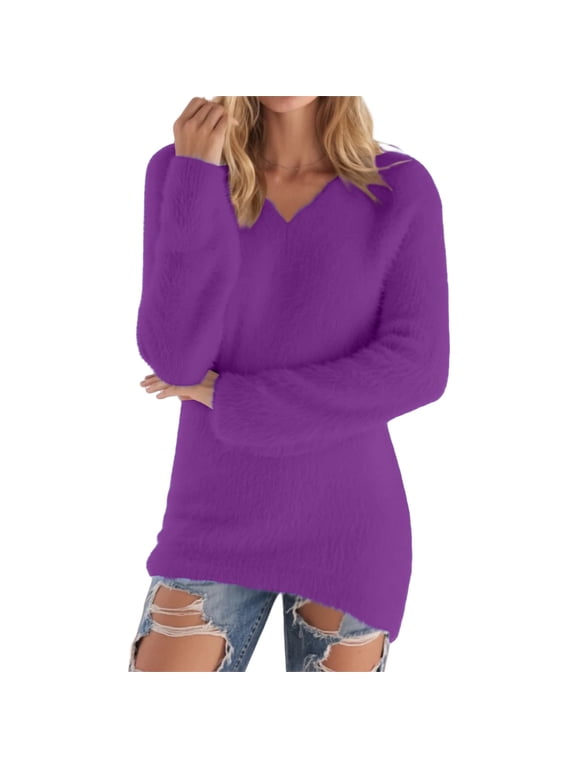 Womens Long Sleeve Shirts Loose Fuzzy Knit Pullover Elegant Casual Long Sleeve Jumper Sweater Tops