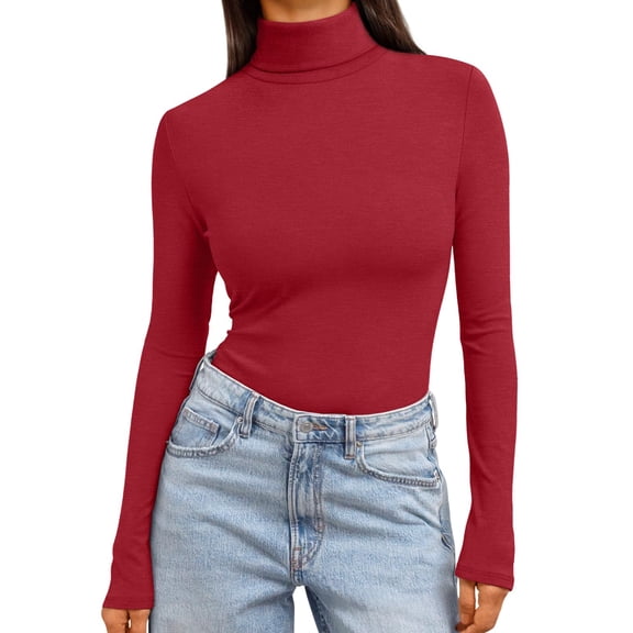 Womens Long Sleeve Shirts Mock Turtleneck Fall Fashion Basic Thermal Underwear Tops Winter Clothes 2025 Red XL