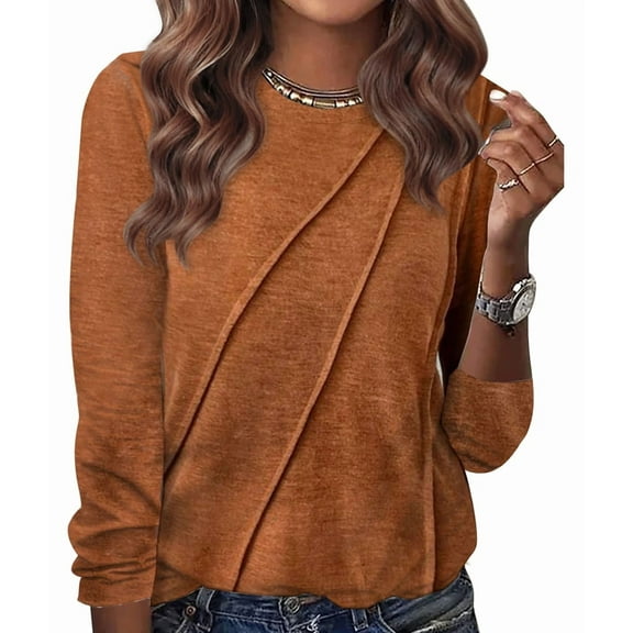 Womens Long Sleeve Shirts Pleated Crew Neck Casual Fall Fashion Tops Loose Fit Clothes Orange M