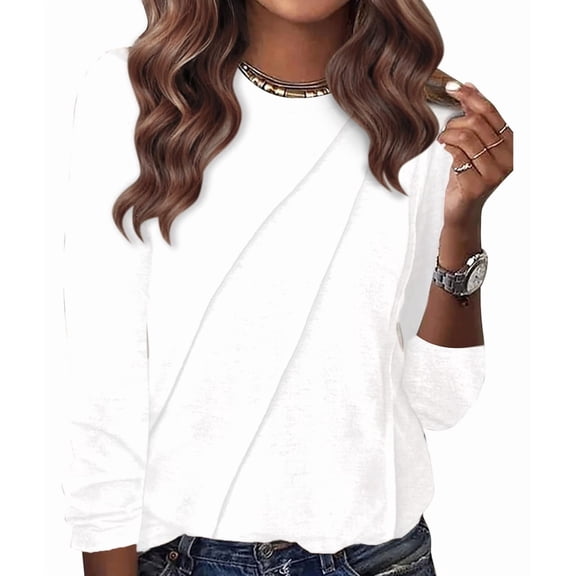 Womens Long Sleeve Shirts Pleated Crew Neck Casual Fall Fashion Tops Loose Fit Clothes White S