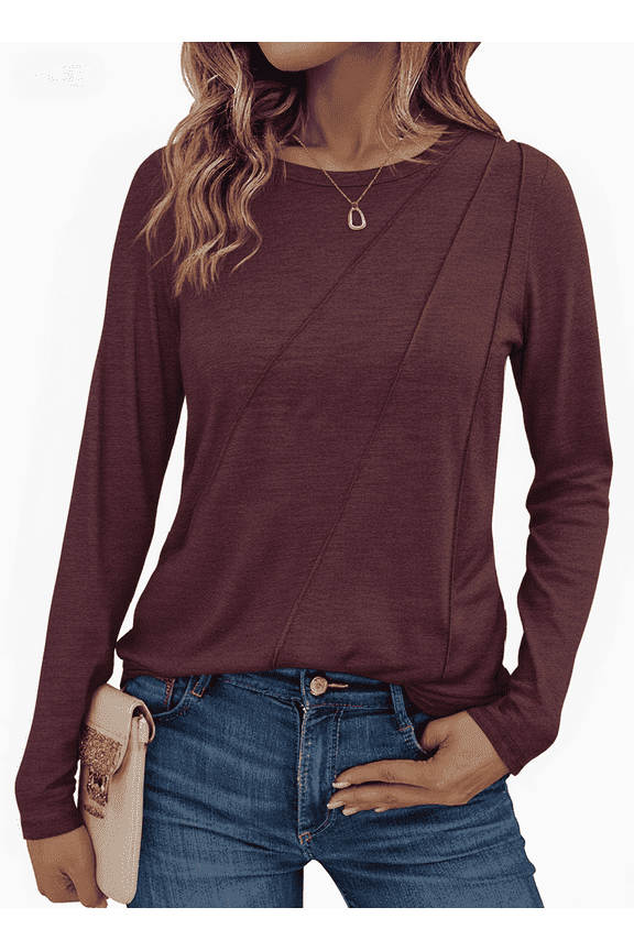 Womens Long Sleeve Crew Neck Top, Casual Solid Color Shirt with Stylish Diagonal Detail