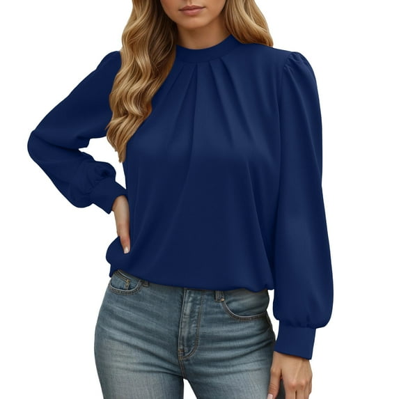 Womens Long Sleeve Shirts Pleated Crew Neck Tops Loose Fit Color: Blue Size: M