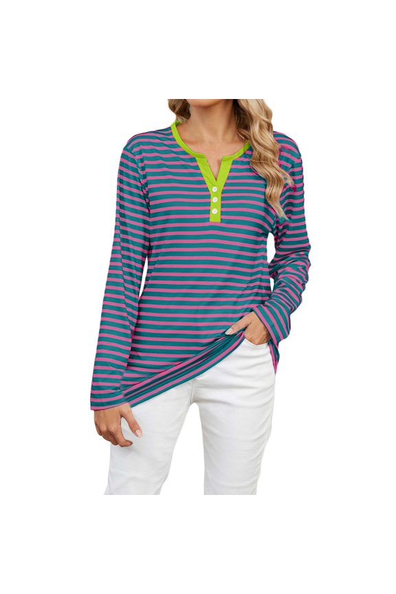 Womens Long Sleeve Shirts Plus Size O Neck Color Block Striped Button Long Sleeve T Shirt Blouse Tops