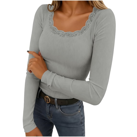 Womens Long Sleeve Shirts Ribbed Knit Slim Fitted Tops Scoop Neck Casual Basic Tee 2026 Casual T-Shirt Going Out Fall Outfits