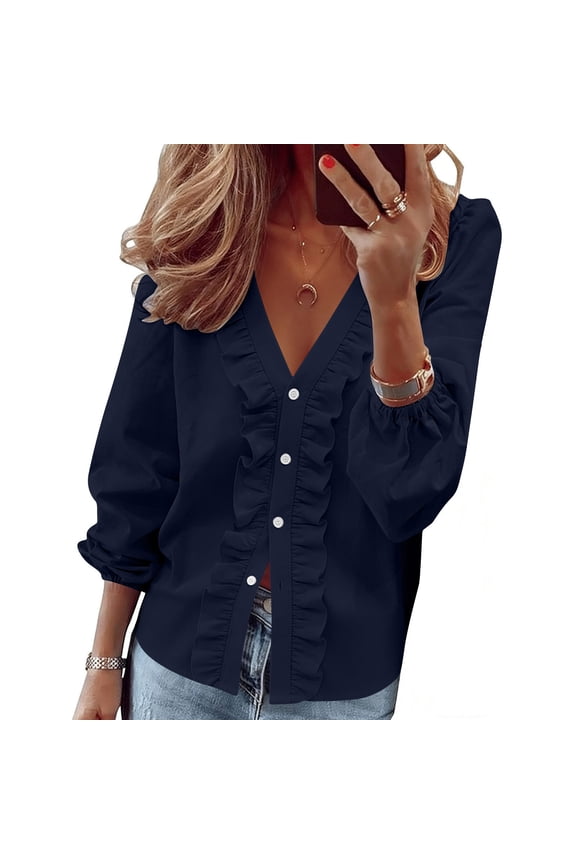 Womens Long Sleeve Shirts Ruffle Button Down Blouse Loose V Neck Casual Smart Tops Elegant Party Shirt Spring Summer Clothes Dressy Tunic Tops Holiday Casual Office Work Blouses