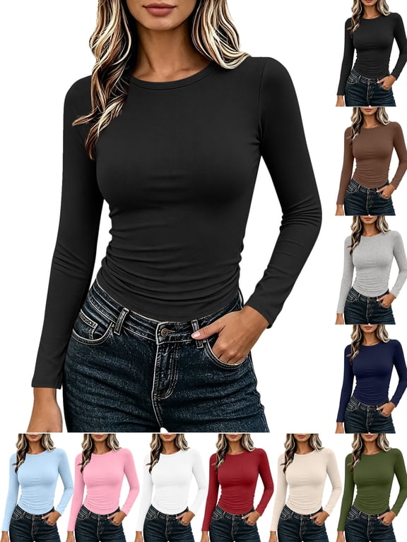 Womens Long Sleeve Shirts Solid Color Crew Neck Casual Slim Fit Classic Stretchy Lightweight Basic Workout Base Layer Tshirts