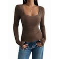 thumbnail image 1 of Womens Long Sleeve Shirts Square Neck Ribbed Knit Crop Tops Fall Outfits Fashion Clothes Brown L, 1 of 9