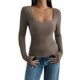 thumbnail image 1 of Womens Long Sleeve Shirts Square Neck Ribbed Knit Crop Tops Fall Outfits Fashion Clothes Coffee Color S, 1 of 8
