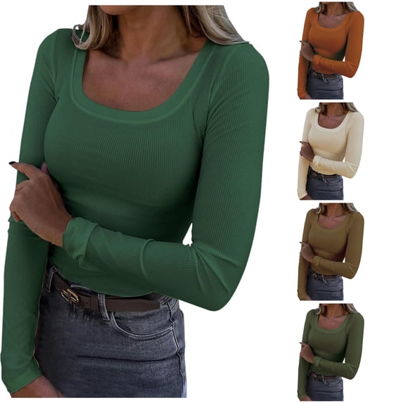 Womens Long Sleeve Shirts Square Neck Slim Fit Basic Tops Casual Ribbed Thermal Undershirts Tee Spandex T Shirts for Women M