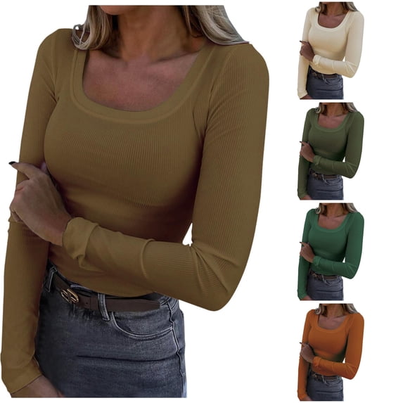 Womens Long Sleeve Shirts Square Neck Slim Fit Basic Tops Casual Ribbed Thermal Undershirts Tee Spandex T Shirts for Women XL