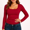 thumbnail image 1 of Womens Long Sleeve Shirts Square Neck Slim Fit Basic Tops Ribbed Tee Red S, 1 of 4