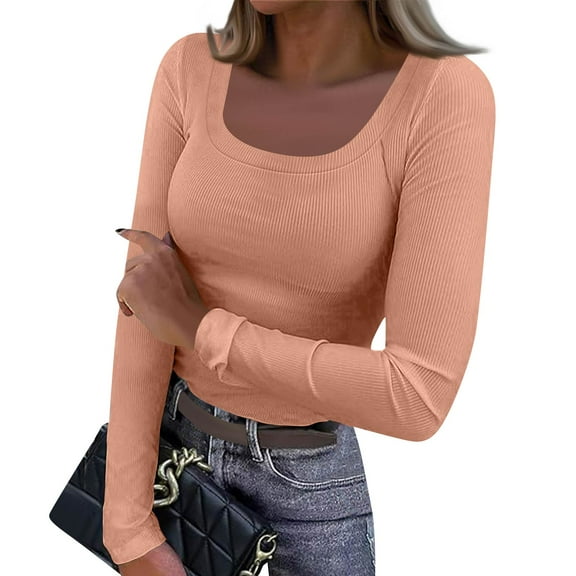 Womens Long Sleeve Shirts Square Neck Slim Fit Basic Tops Ribbed Thermal Undershirts Layering Tee Complexion S