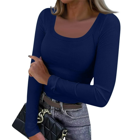 Womens Long Sleeve Shirts Square Neck Slim Fit Basic Tops Ribbed Thermal Undershirts Layering Tee Royal Blue S