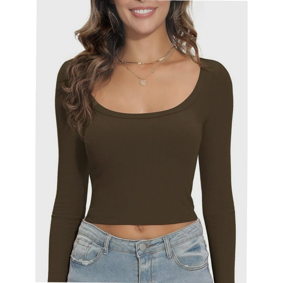 Womens Long Sleeve Shirts Square Neck Tops Fitted Casual Basic Tees Slim Fit Fall Outfits Fashion Clothes