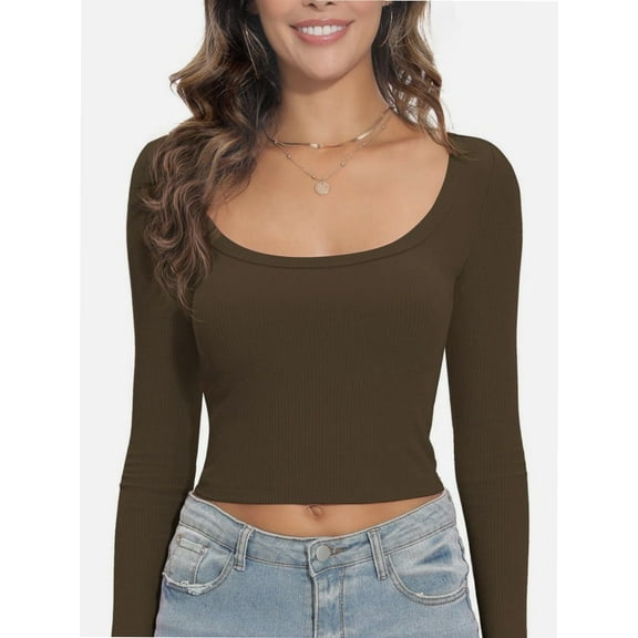 Womens Long Sleeve Shirts Square Neck Tops Fitted Casual Basic Tees Slim Fit Fall Outfits Fashion Clothes