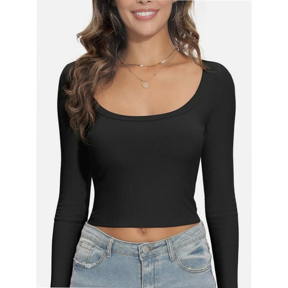 Womens Long Sleeve Shirts Square Neck Tops Fitted Casual Basic Tees Slim Fit Fall Outfits Fashion Clothes