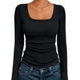thumbnail image 1 of Womens Long Sleeve Shirts Square Neck Tops Ribbed Knit Basic Crop Tops Fall Outfits Fashion Clothes Black XL, 1 of 8