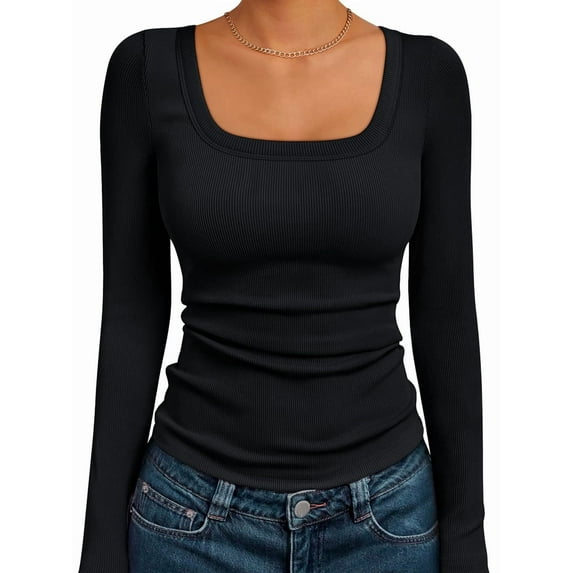 Womens Long Sleeve Shirts Square Neck Tops Ribbed Knit Basic Crop Tops Fall Outfits Fashion Clothes Black XL