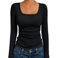 thumbnail image 1 of Womens Long Sleeve Shirts Square Neck Tops Ribbed Knit Basic Crop Tops Fall Outfits Fashion Clothes Black XL, 1 of 8