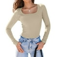 thumbnail image 1 of Womens Long Sleeve Shirts Square Neck Tops Ribbed Knit Basic Crop Tops Fall Outfits Fashion Clothes Cream White XXL, 1 of 8