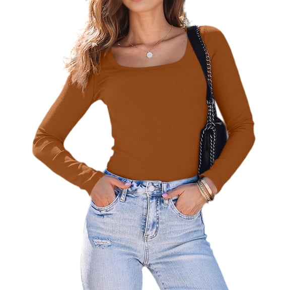 Womens Long Sleeve Shirts Square Neck Tops Ribbed Knit Basic Crop Tops Fall Outfits Fashion Clothes Orange Red XL