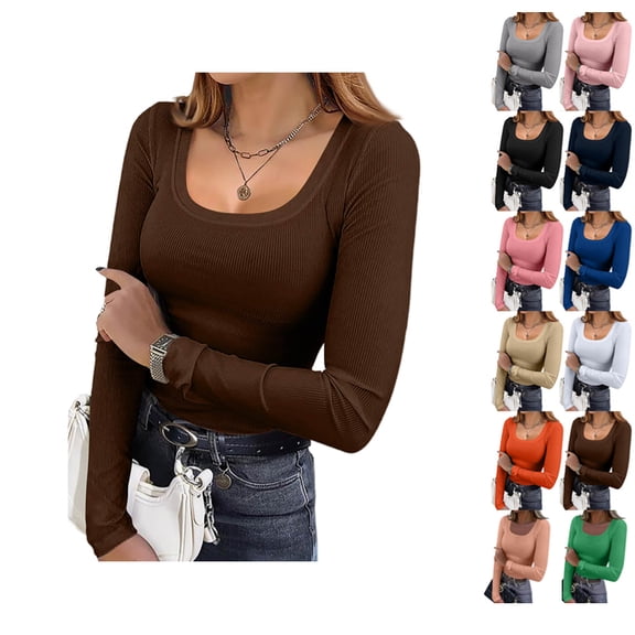 Womens Long Sleeve Shirts Square Neck Tops Ribbed Knit Basic Teen Girls Crop Tops Fall Outfits Fashion Clothes 2025 Coffee S
