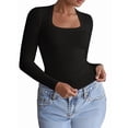 thumbnail image 1 of Womens Long Sleeve Shirts Square Neck Tops Ribbed Knit Teen Girls Crop Tops Fall Fashion Clothes Black S, 1 of 8