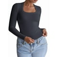 thumbnail image 1 of Womens Long Sleeve Shirts Square Neck Tops Ribbed Knit Teen Girls Crop Tops Fall Fashion Clothes Dark Gray M, 1 of 9