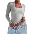 thumbnail image 1 of Womens Long Sleeve Shirts Square Neck Tops Ribbed Knit Teen Girls Crop Tops Fall Fashion Clothes White Flower Ash XL, 1 of 7
