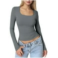 thumbnail image 1 of Womens Long Sleeve Shirts Square Neck Tops Solid Color Basic Base Layer Crop Tops Fall Outfits Fashion Clothes Gray M, 1 of 5