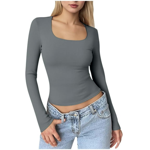 Womens Long Sleeve Shirts Square Neck Tops Solid Color Basic Base Layer Crop Tops Fall Outfits Fashion Clothes Gray XS