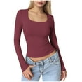 thumbnail image 1 of Womens Long Sleeve Shirts Square Neck Tops Solid Color Basic Base Layer Crop Tops Fall Outfits Fashion Clothes Wine XS, 1 of 5