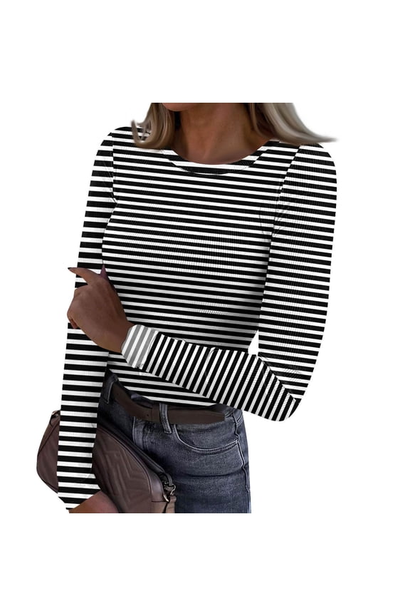 Womens Long Sleeve Shirts Stripe Slim Fitted Bottom T-shirts Fashion Casual Shirts Pullover Ribbed Fall Spring Blouses Tee 2026 Black S