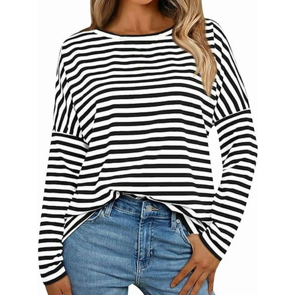Womens Long Sleeve Shirts Striped Color Block Tops Fall Fashion Clothing Crewneck Tee Blouses Black & White XXL