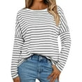 thumbnail image 1 of Womens Long Sleeve Shirts Striped Color Block Tops Fall Fashion Clothing Crewneck Tee Blouses Gray White L, 1 of 8