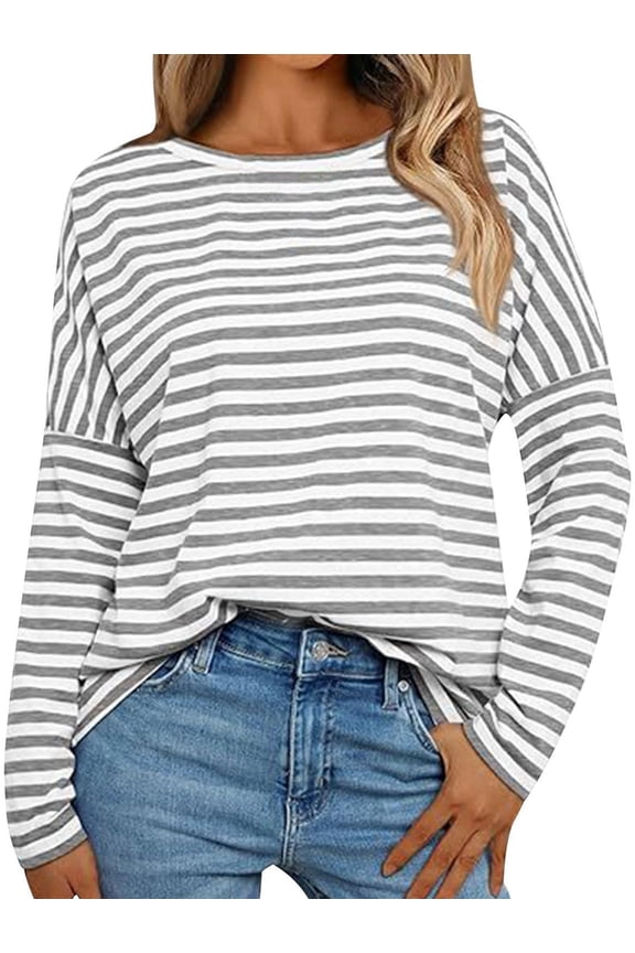 Womens Long Sleeve Shirts Striped Color Block Tops Fall Fashion Clothing Crewneck Tee Blouses Gray White S